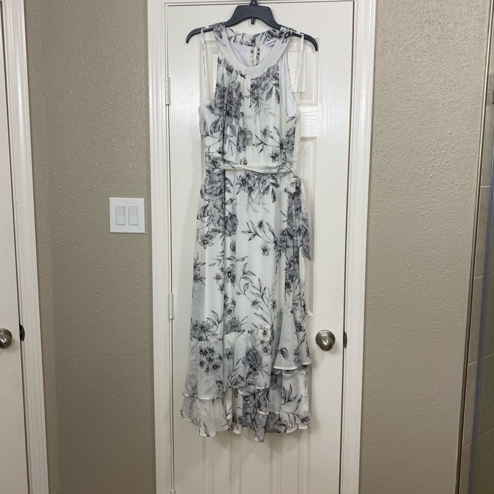 Calvin Klein, white and black floral halter dress, size 14